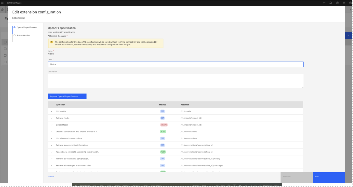 Edit extension configuration window with OpenAI specifications.