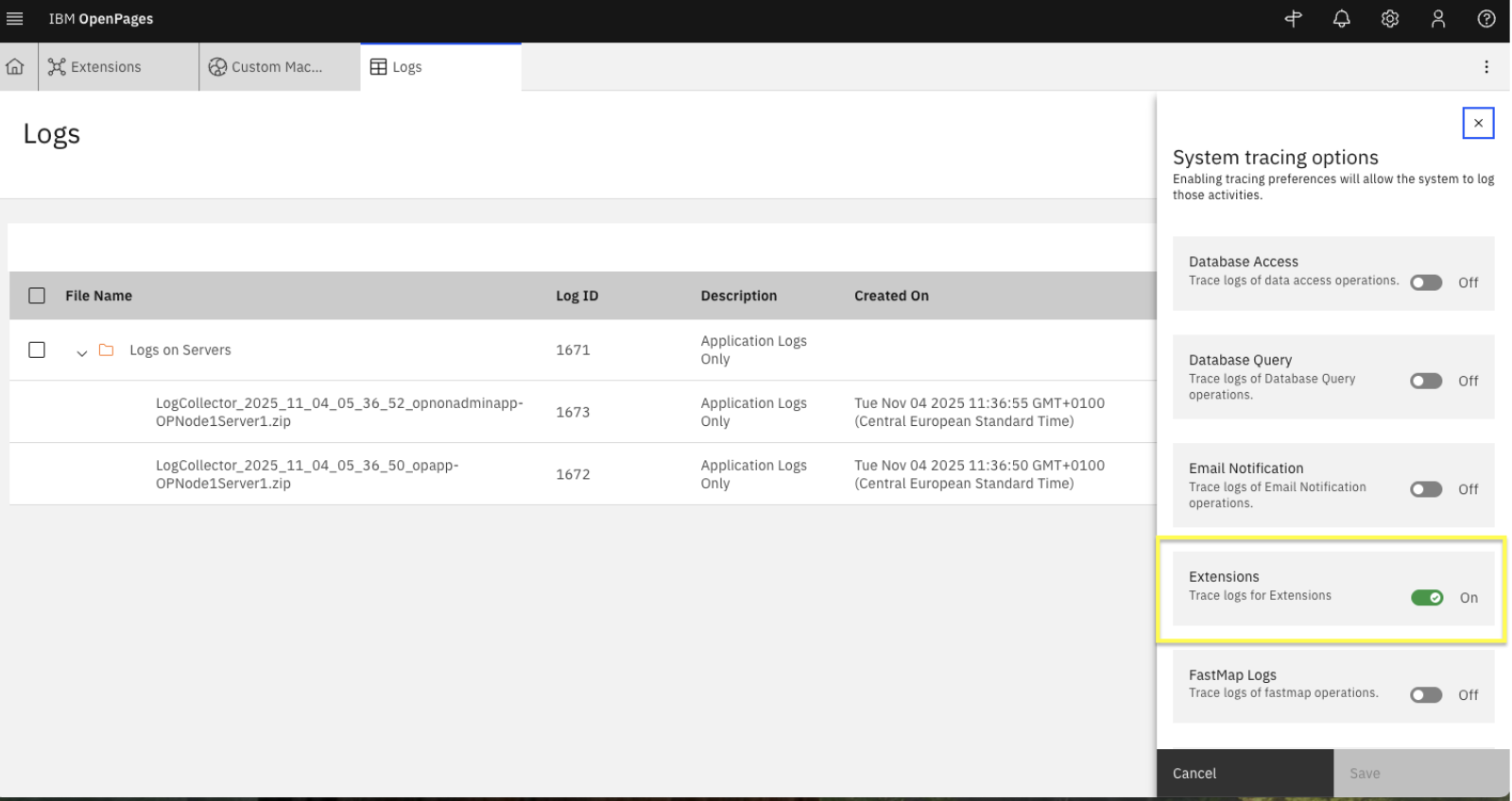 Extensions in the System traction options panel is set to On.