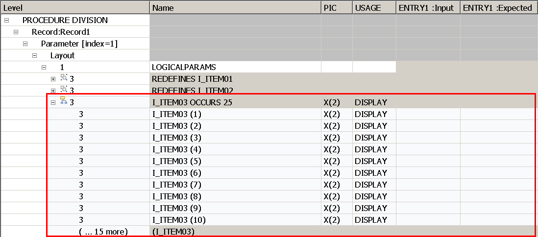 Sample array in the Test Case Editor