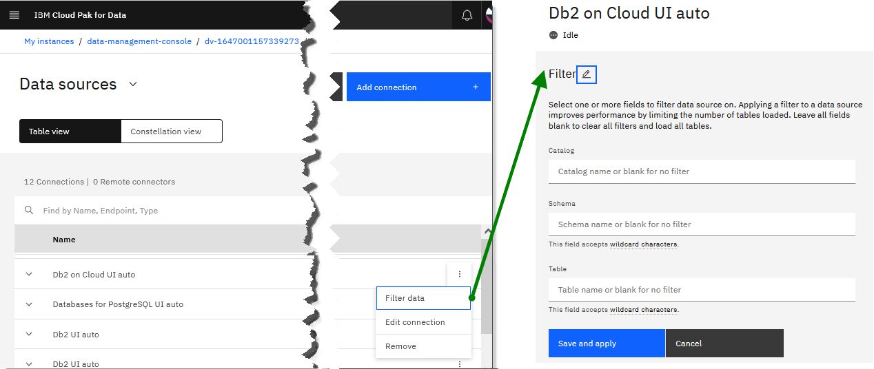 Screenshot showing the Filter data option on the Data sources page and the Filter dialog box, which allows you to decide how to filter your data source.