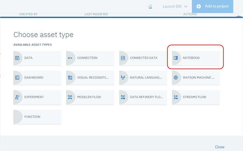 The choose asset type with a Notebook tile highlighted is displayed