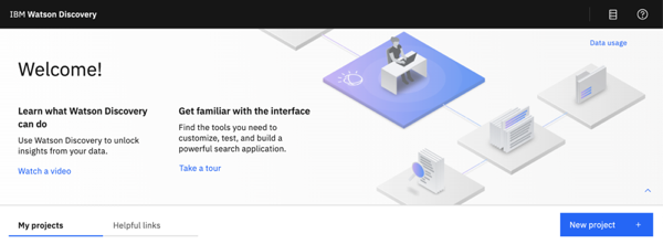 Screen capture of the welcome banner on new Watson Discovery home page.