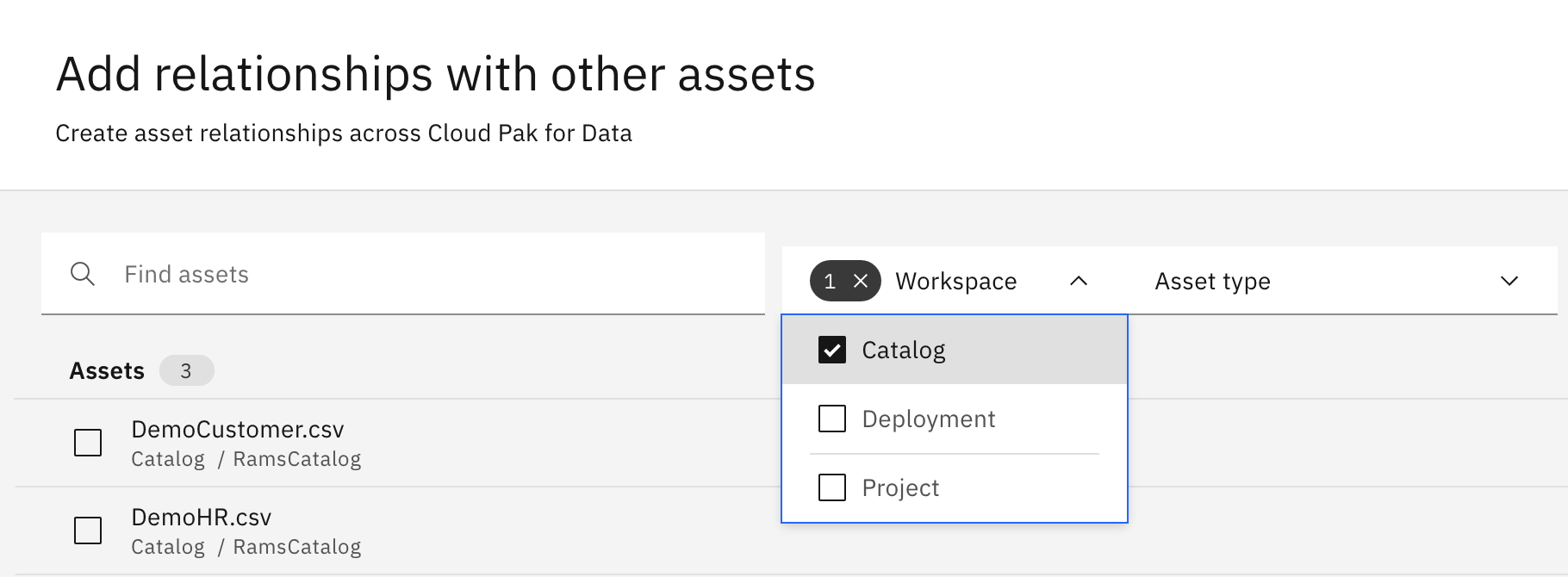 Creating an asset relationship by searching for an asset using workspaces and asset types
