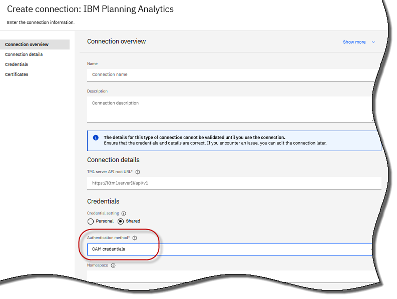 Screenshot of a Planning Analytics connection in Data Virtualization.