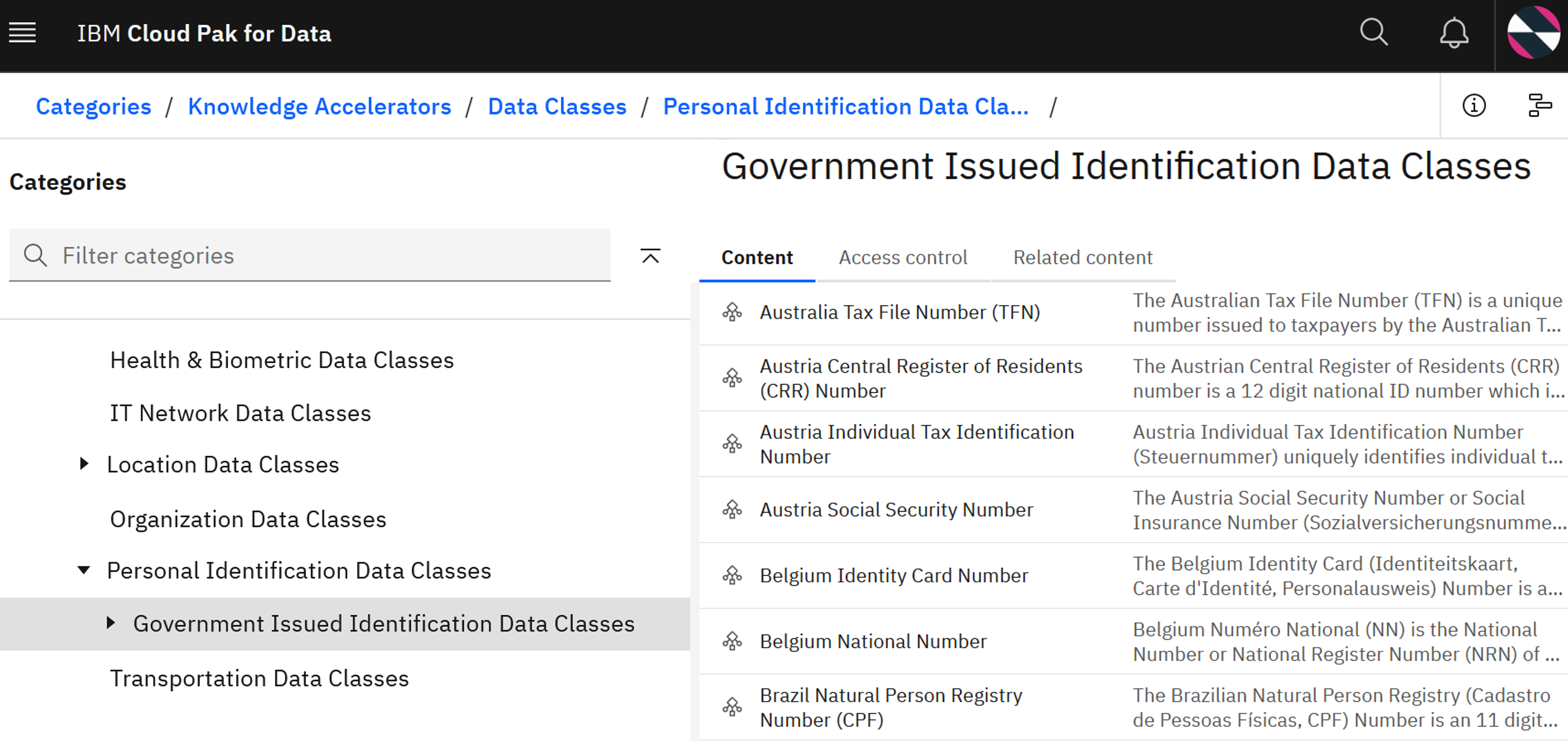 Graphical representation of Knowledge Accelerators ID data classes in IBM Knowledge Catalog.