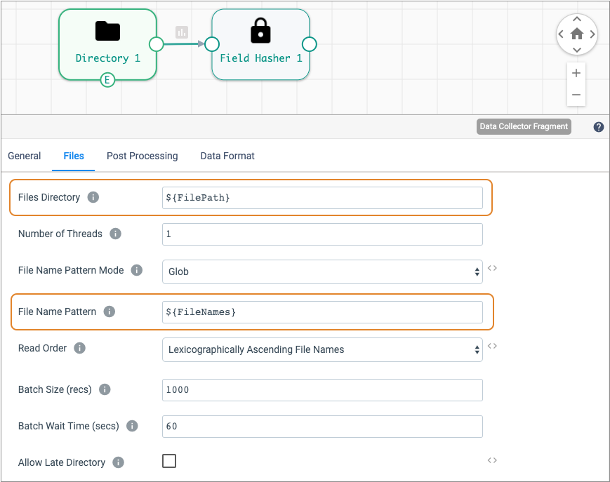 Runtime parameters define the Files Directory and File Name Pattern properties in the Directory origin