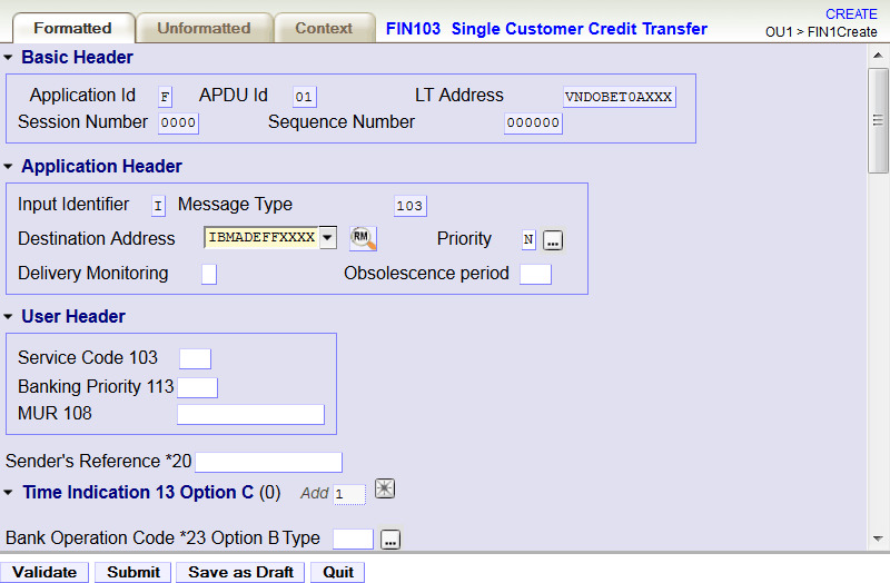 Figure showing Input panel for a FIN103 message
