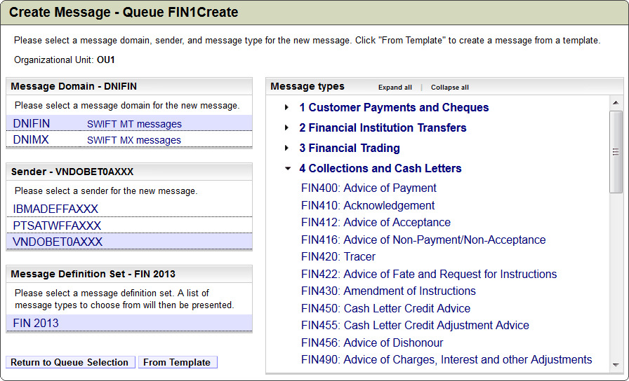 Figure showing a selection of a message type