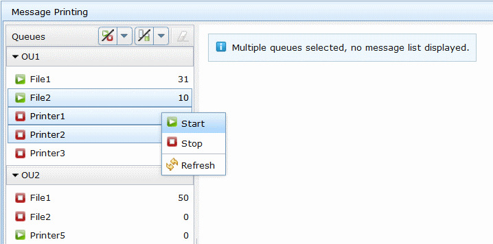 Graphic displaying multiple selected queues and the pop-up menu with actions for these queues