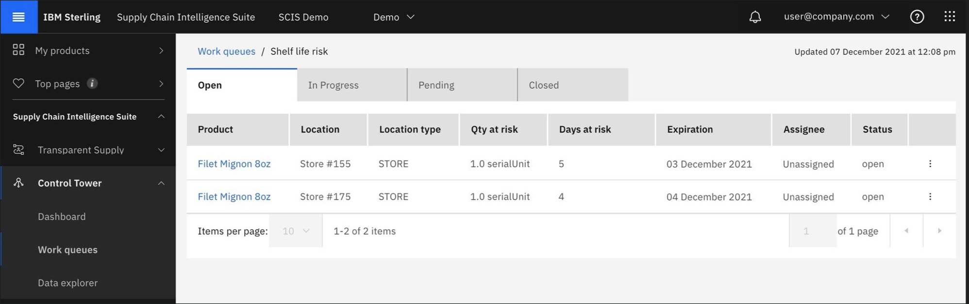 An example list of work items for the shelf life risk work queue. For each work item, the product, location, location type, quantity at risk, days at risk, expiration, assignee, and status are displayed.
