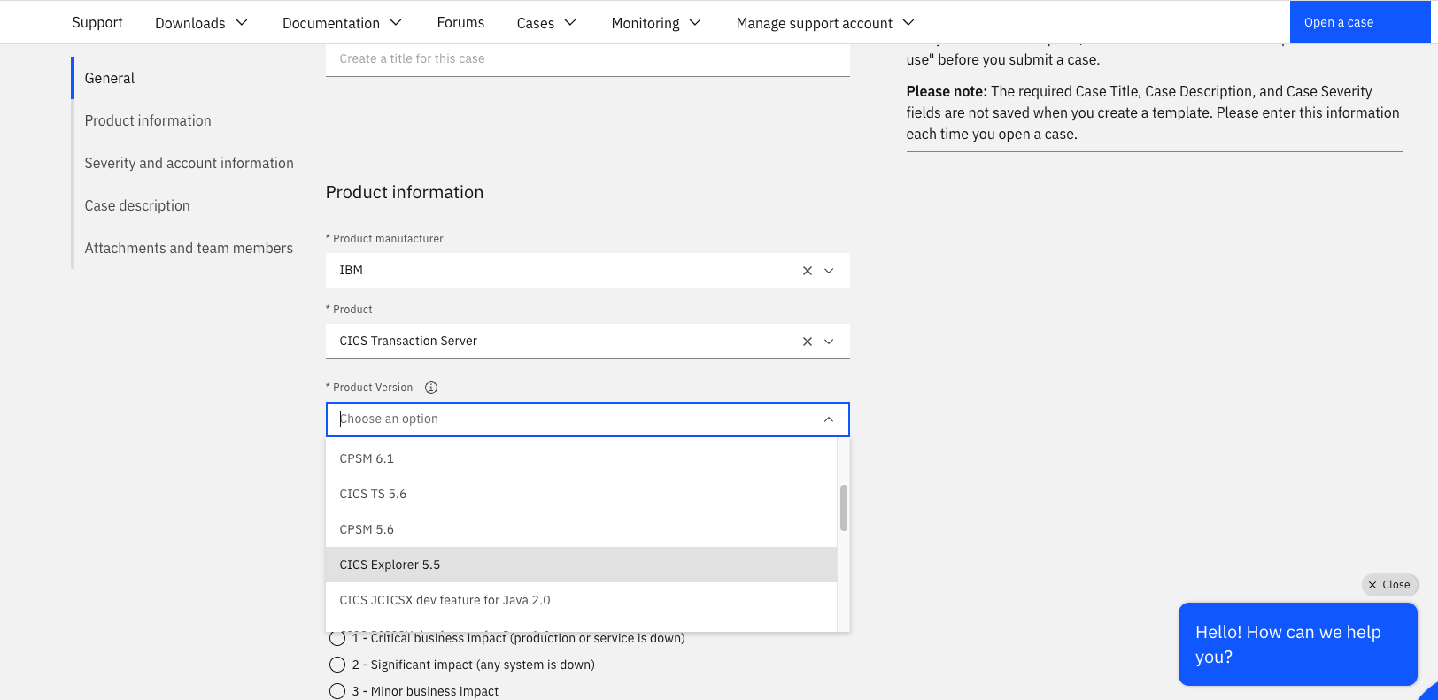 Drop-down list of the Product Version field