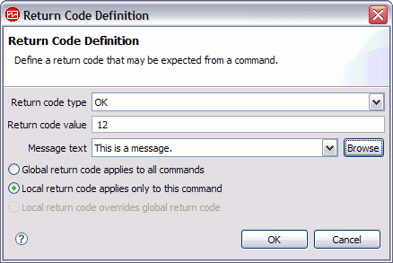 Return Code Definition with selections and sample message text entered.