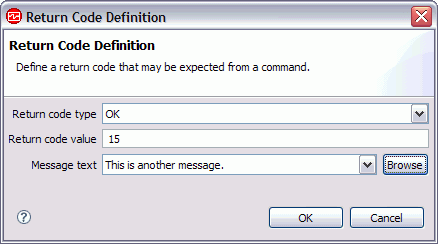 Return Code Definition window with a return code value of 15 and a sample message text entered.