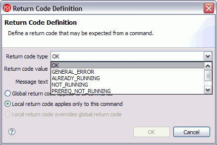 Return Code Definition window with OK selected in the Return code type menu