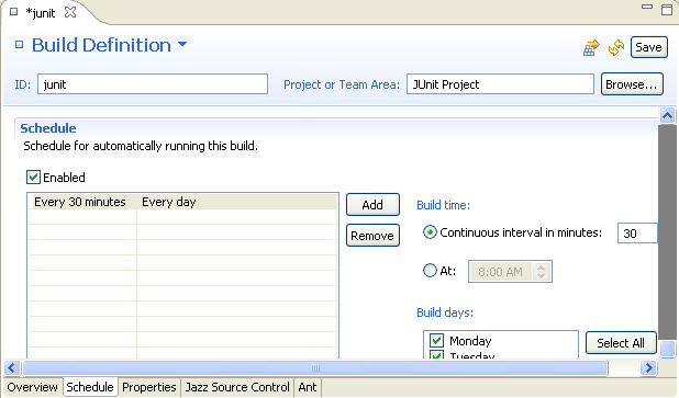 Build definition Schedule tab
