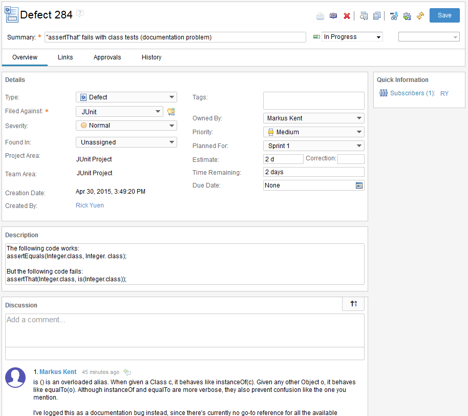 Work item editor showing discussion