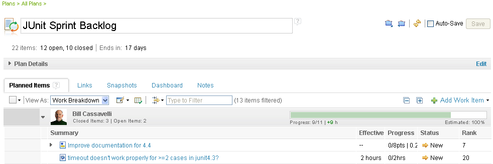 The backlog plan displayed in the project's web interface.