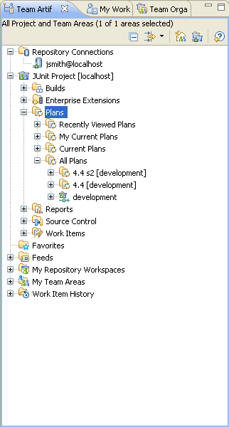 Plans node in the Team Artifacts view showing JUnit plans