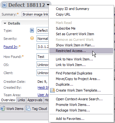 Screen capture of work item dropdown menu with the Restricted Access menu option selected