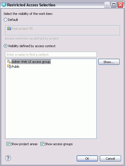 Screen capture of Restricted Access Selection window.