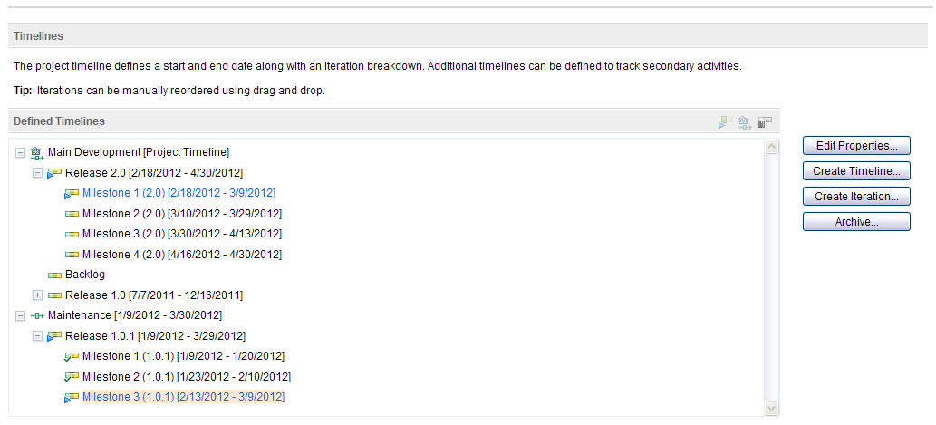 Timelines with a hierarchy of iterations