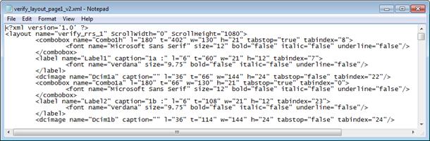 The illustration shows the top portion of the verify_layout_page1_v2.xml file that is opened in Notepad.