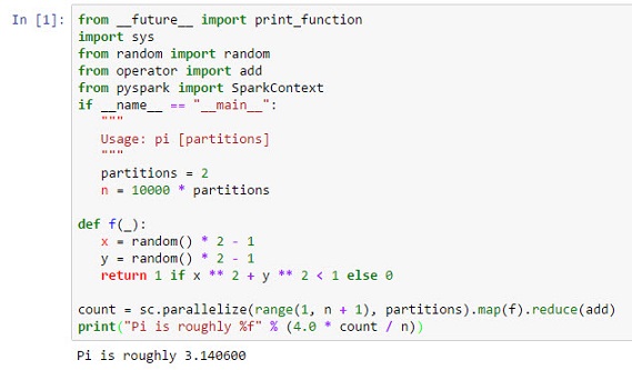 Results of the Spark Pi equation showing that Pi is roughly 3.140600.