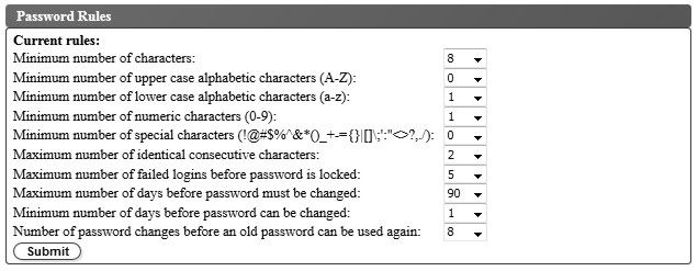 Password Rules screen