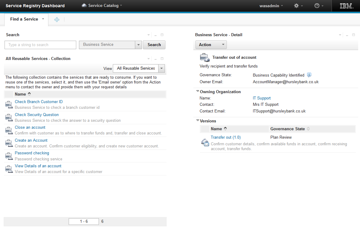 A screen capture of the Service Catalog page that shows the Collection, Search, and Detail widgets.