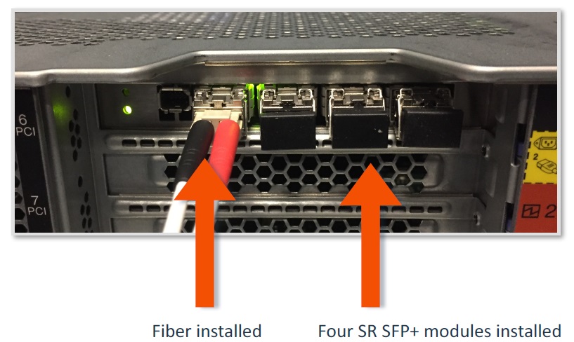 Die Abbildung zeigt eine Napatech-Appliance mit vier SFP + -Kurzbereichsmodulen und einer Glasfaserverbindung.