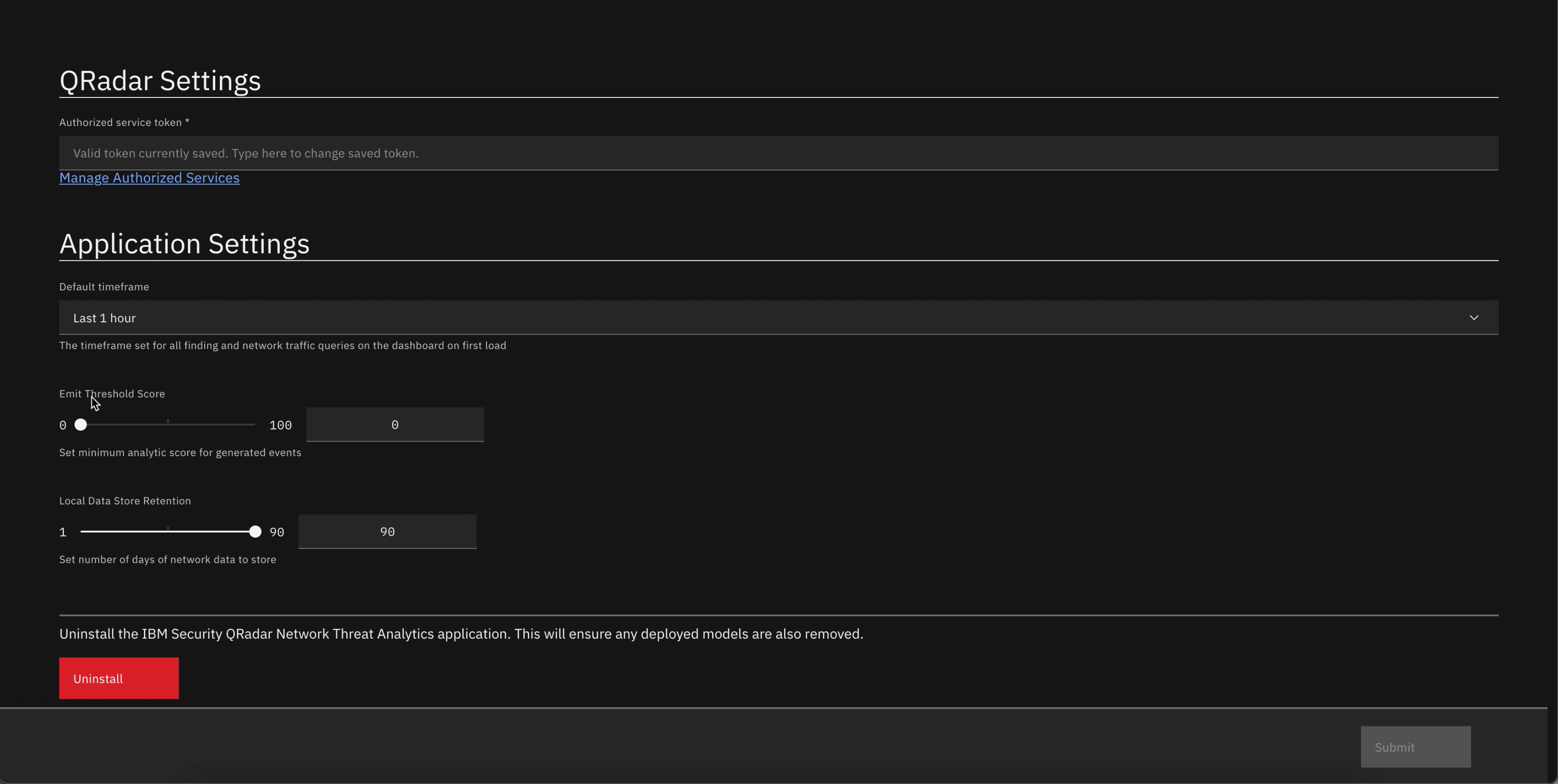 Konfigurationsseite für die App QRadar Network Threat Analytics