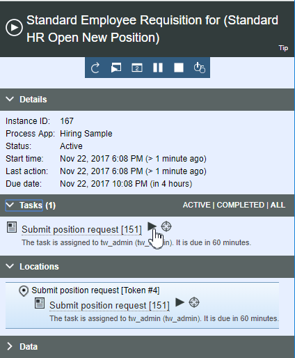 Das Symbol für 'Ausführen' neben der Task 'Stellenanforderung übergeben'
