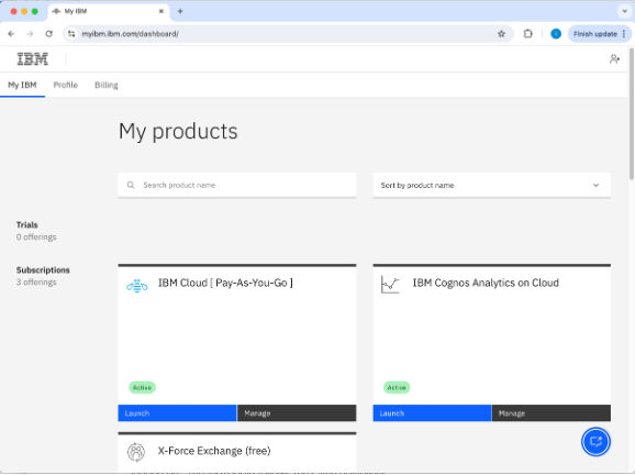MyIBM dashboard-Seite der Anwendung