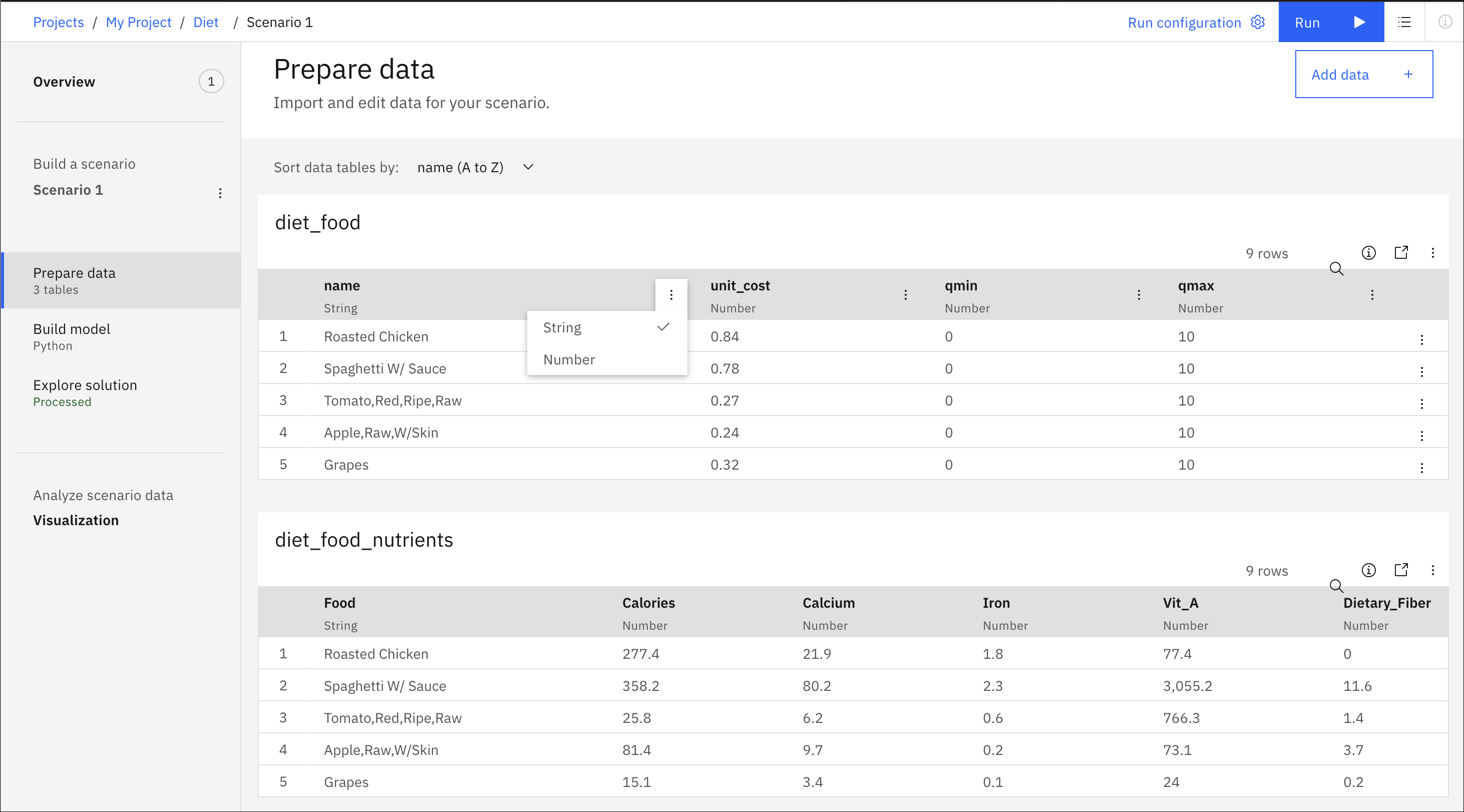 Tables of input data in Prepare data view