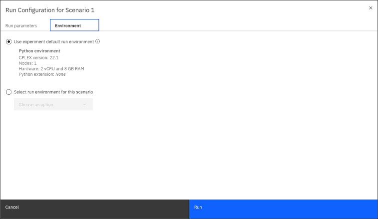 Environment tab of Run Configuration pane for scenario 1