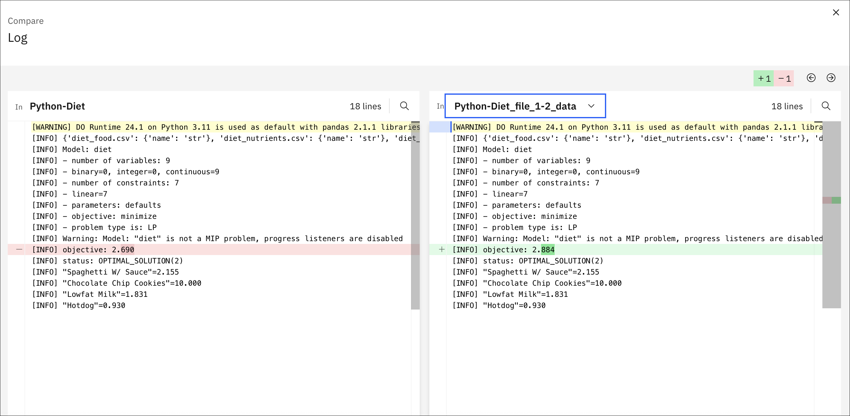 Screen capture of two log files with different objective values displayed side by side