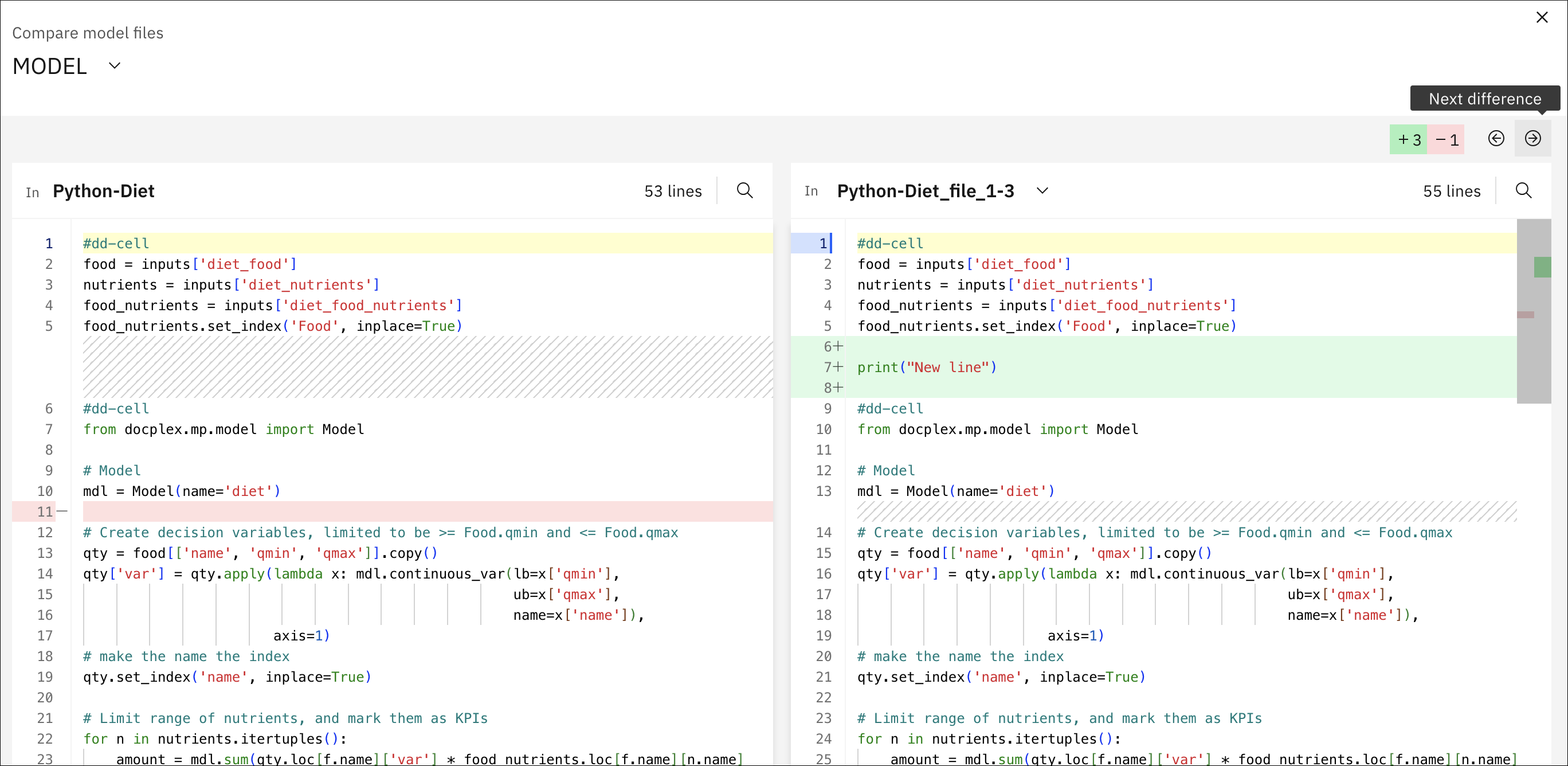Screen capture of compare models showing two Python models with differences
