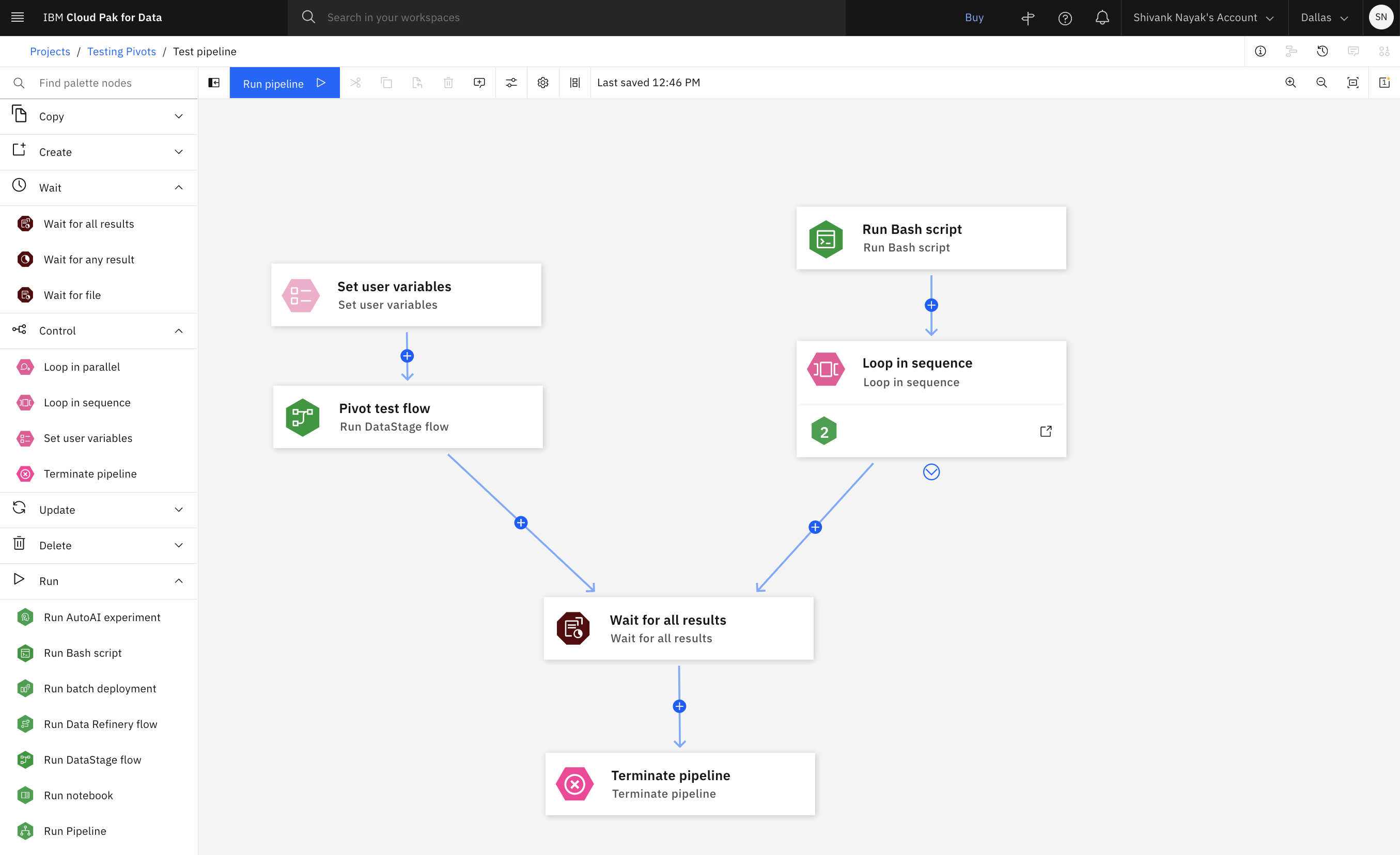 Palette and canvas in Orchestration Pipelines