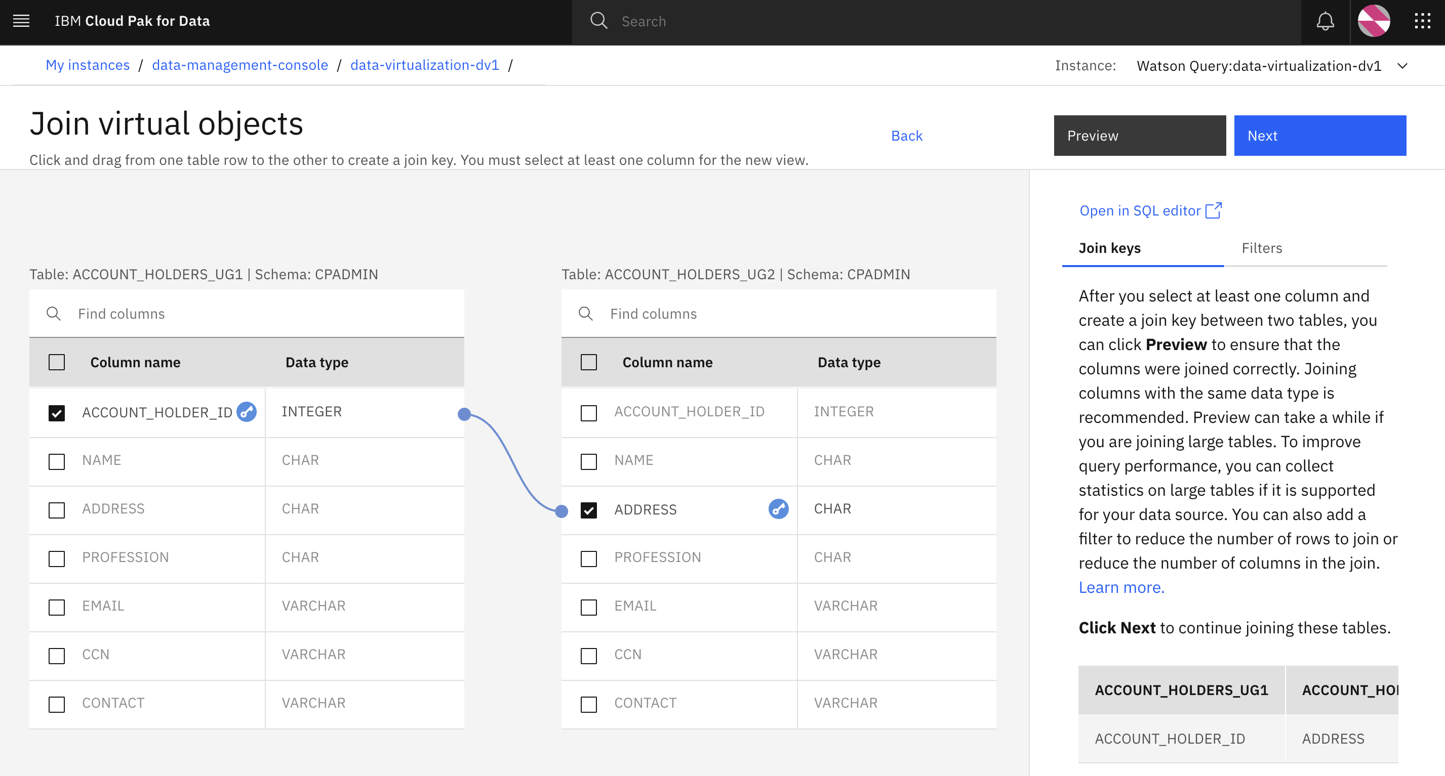 Screenshot of Join virtual objects page with objects being joined
