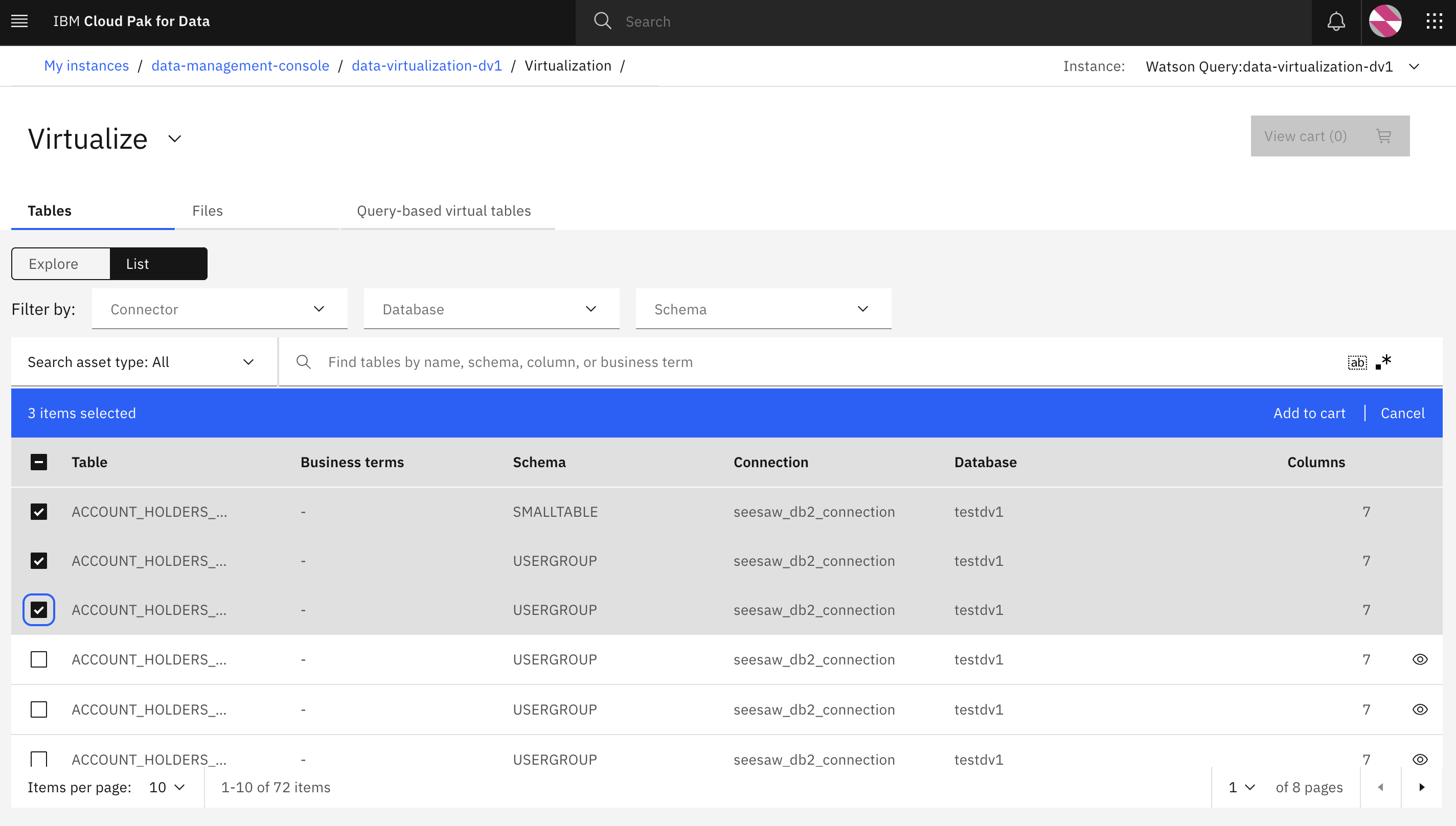 Screenshot of virtualize page with objects selected