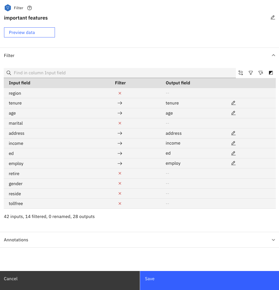 Filter node Important Features