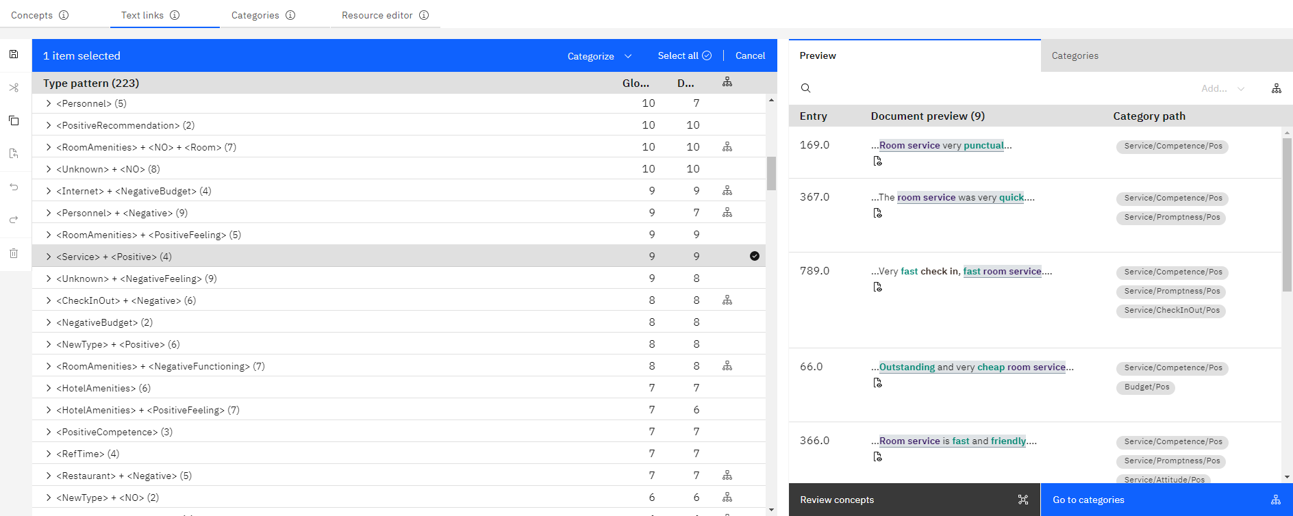 Text Analytics Workbench - Text links tab. Shows the type patterns in the Text link tab. On the side is the Preview pane, which has a table with three columns. The three columns are Entry, Document Preview, and Category path.