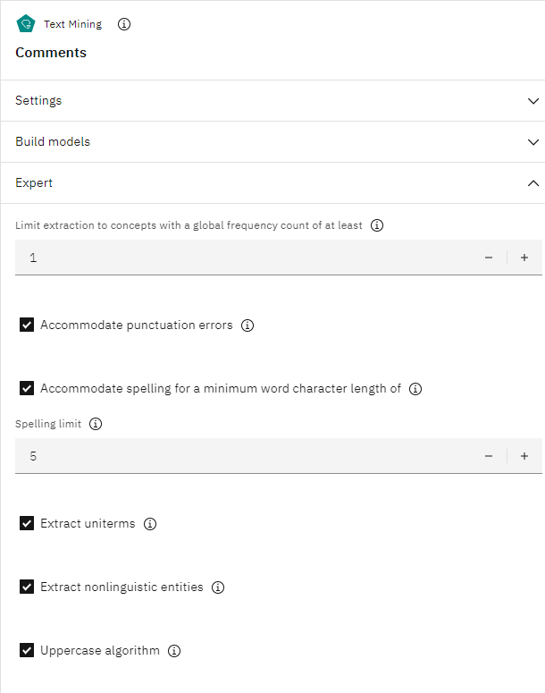 Text Mining node expert properties. It shows property settings for the Text Mining node. Some major settings groups are Settings, Build models, and Expert. In the Expert grouping are check boxes for setting such as Accommodate spelling for a minimum root character limit, Extract uniterms, Extract nonlinguistic entities, Uppercase algorithm, Group partial and full person names together when possible, and Use derivation when grouping compound nouns.