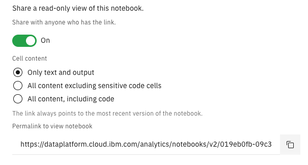 Options that are available when sharing a notebook