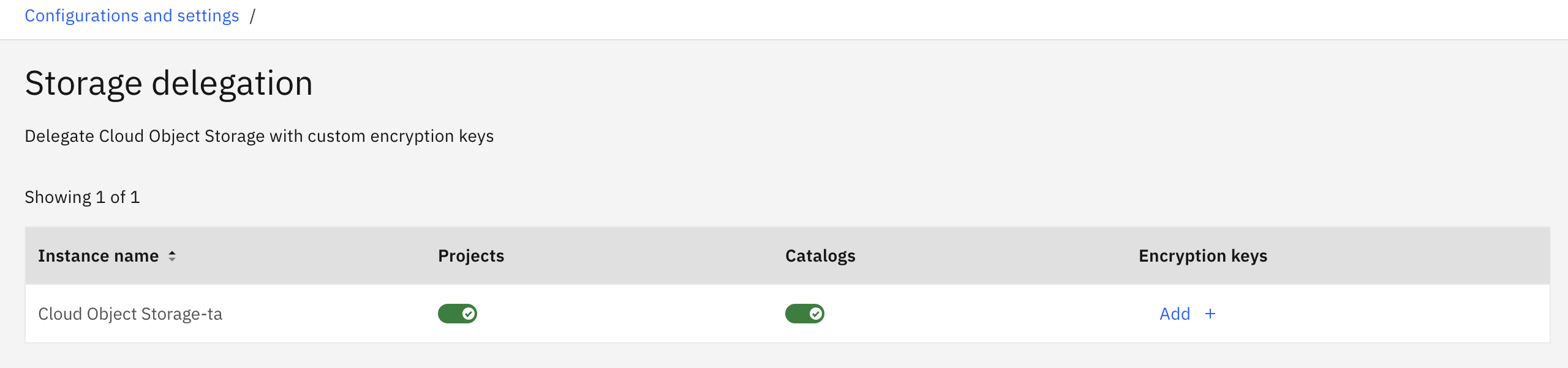 Shows the Storage delegation screen with the switches that are enabled for projects and catalogs. Storage delegation
