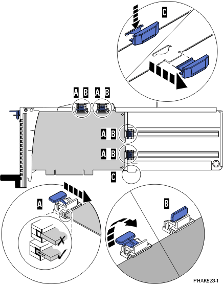 View of a medium-length adapter in the PCI adapter single-width cassette with the retainers in place.
