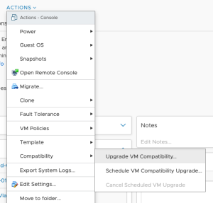 Screen shot of the Upgrade VM Compatibility menu