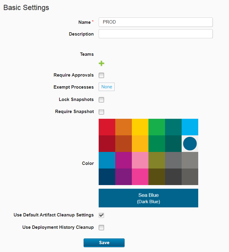 The Create Environment window, which shows fields for the name, description, blueprint, teams, and other properties