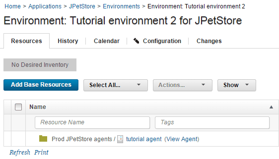 The Resources tab for the environment, which shows the resource that is bound to the environment