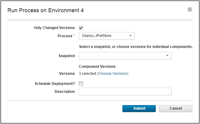 The Run Process window, showing three component versions to deploy